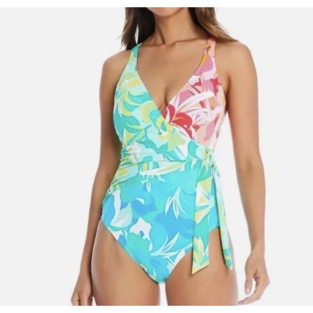Bleu Rod Beattie One‎ Piece Swimsuit Ruched 10 Colorful Beach Vacation Side Tie